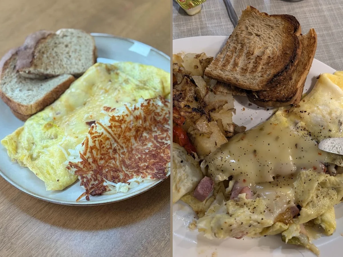 Breakfast plates on a simple cafe table.